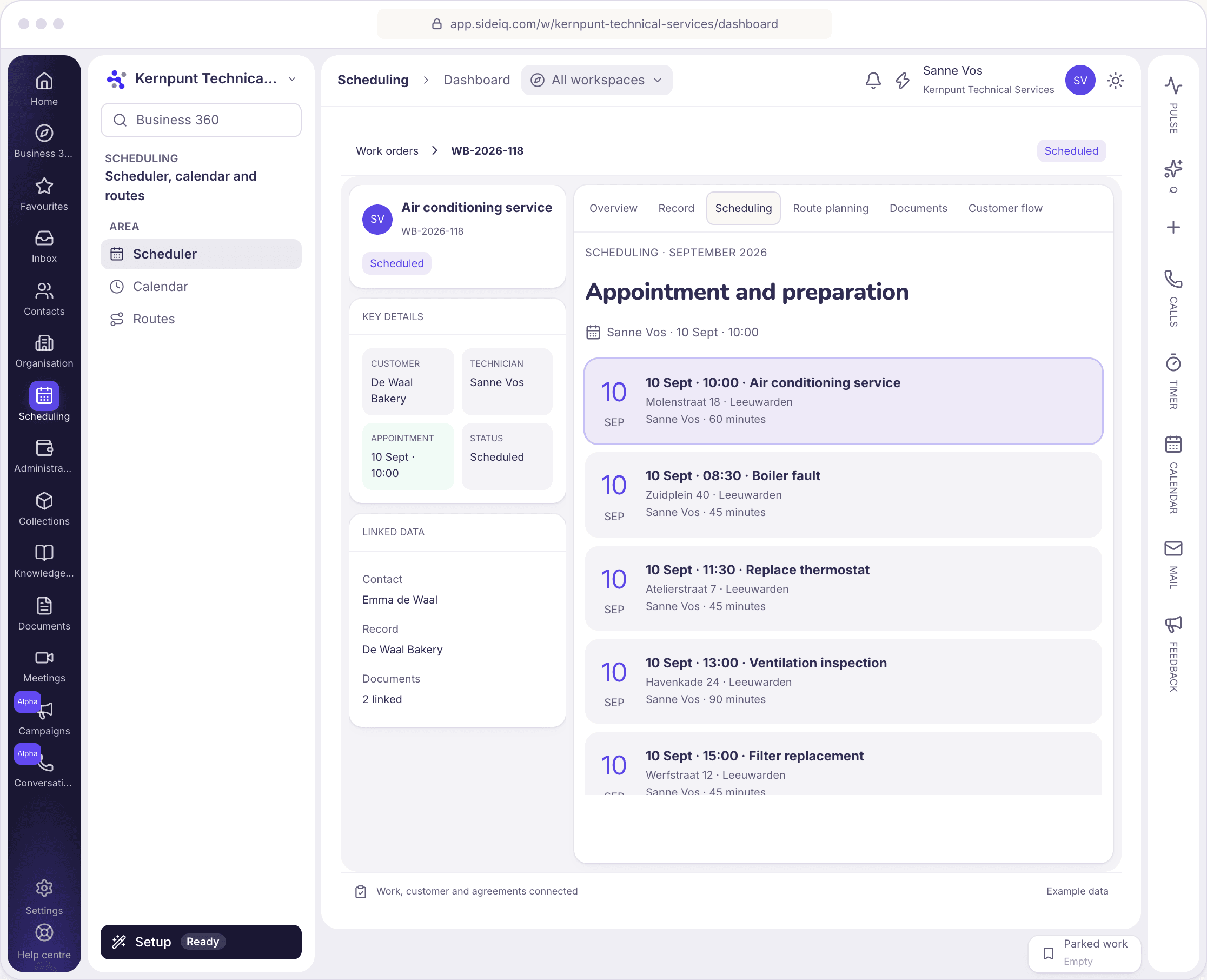 SideIQ scheduler with appointments linked to the work order