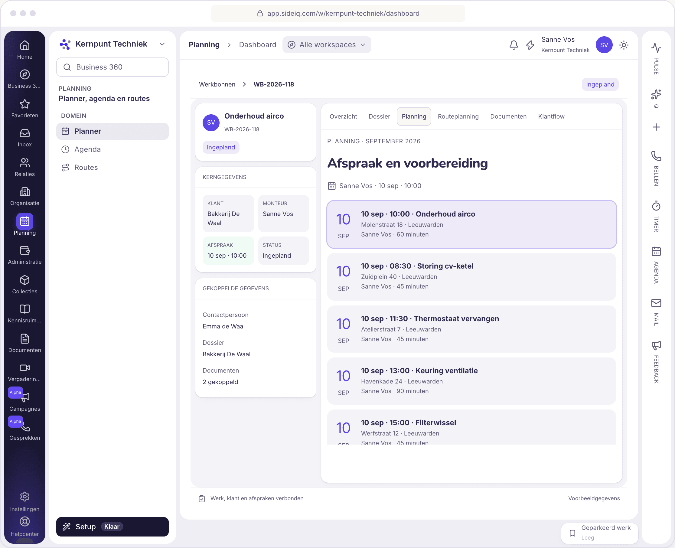 SideIQ-planner met afspraken gekoppeld aan de werkbon