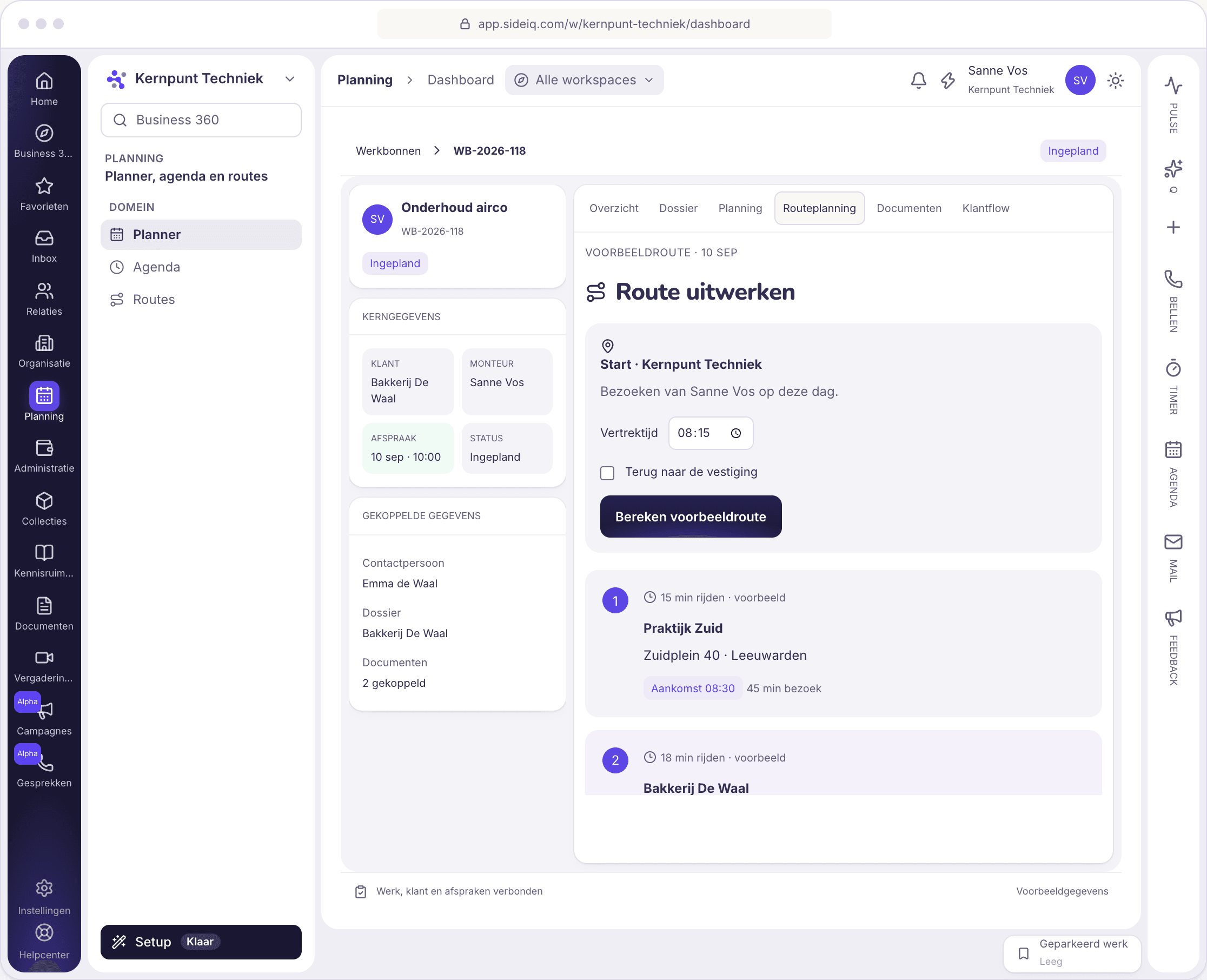 SideIQ-routeplanning voor de bezoeken van een monteur