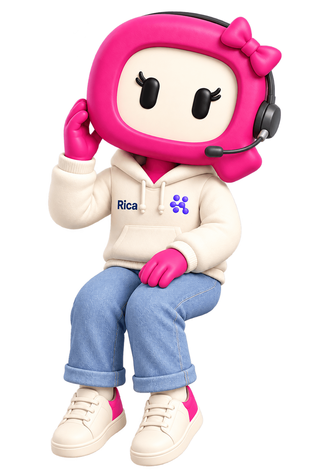 Rica listens with her headset.